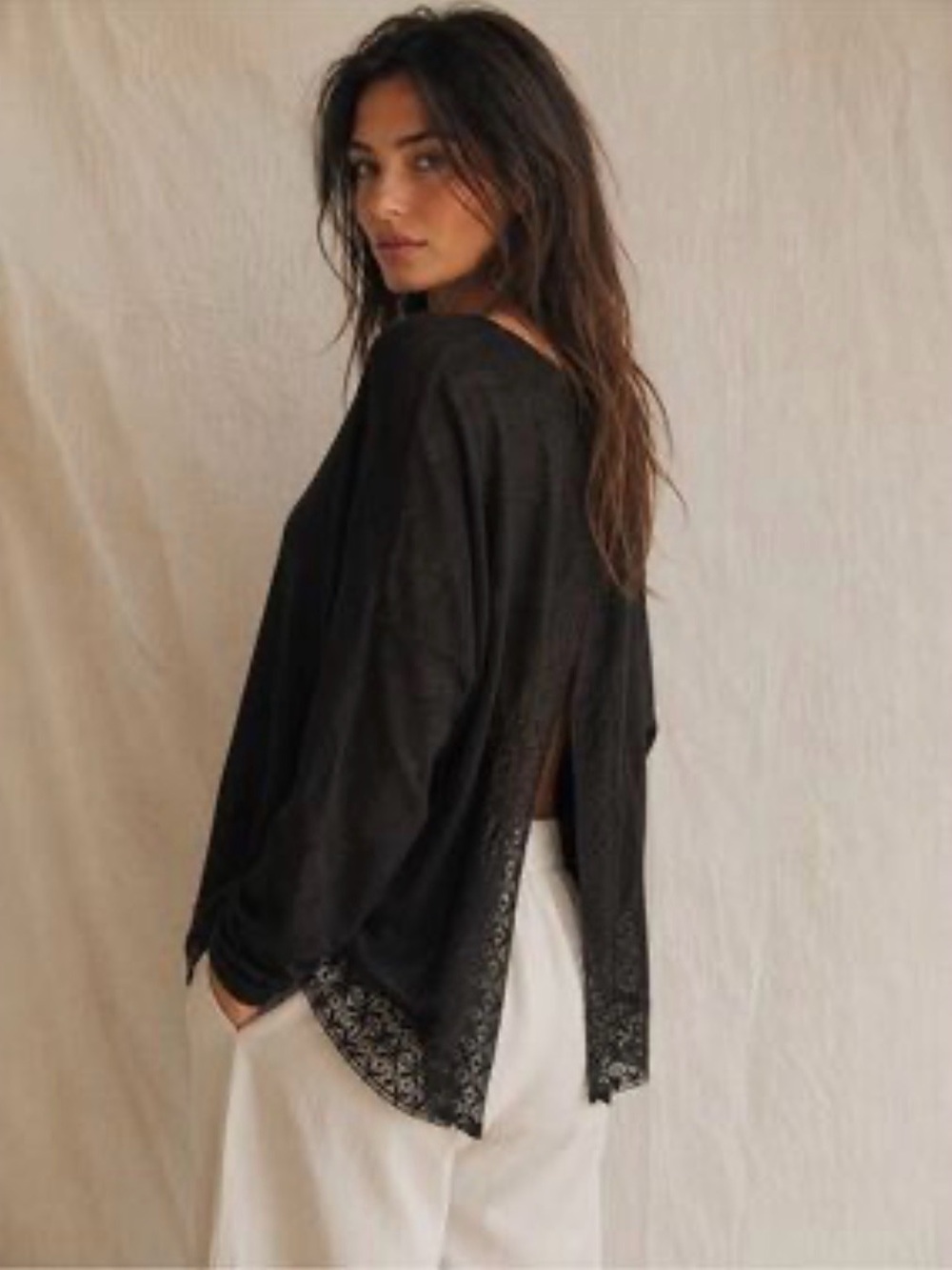 EUC Free People black long sleeve linen blend blouse with wrap back